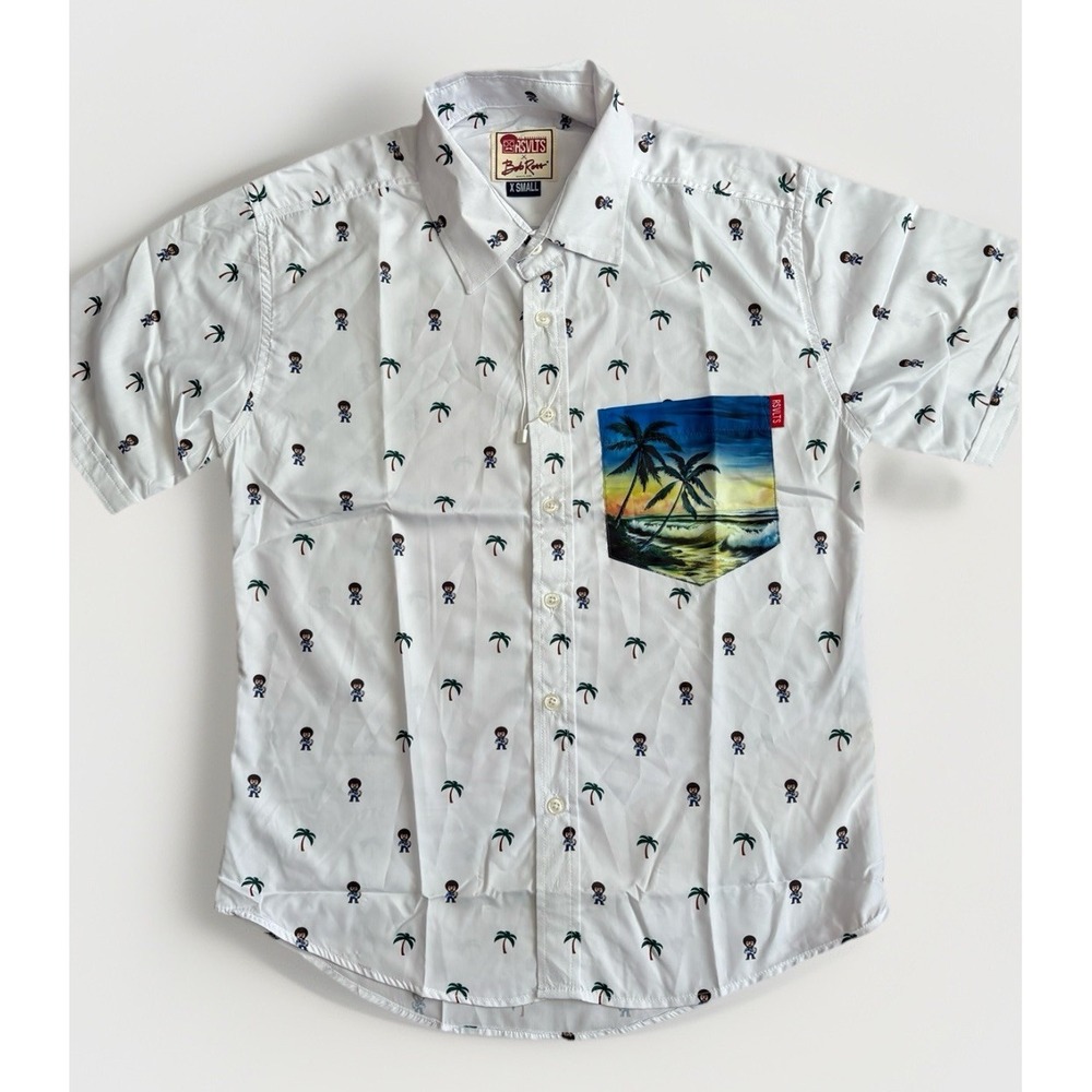 RSVLTS Bob Ross Shirt Men‎ XS White Palm Tree Tropical Pocket Button Up X Small